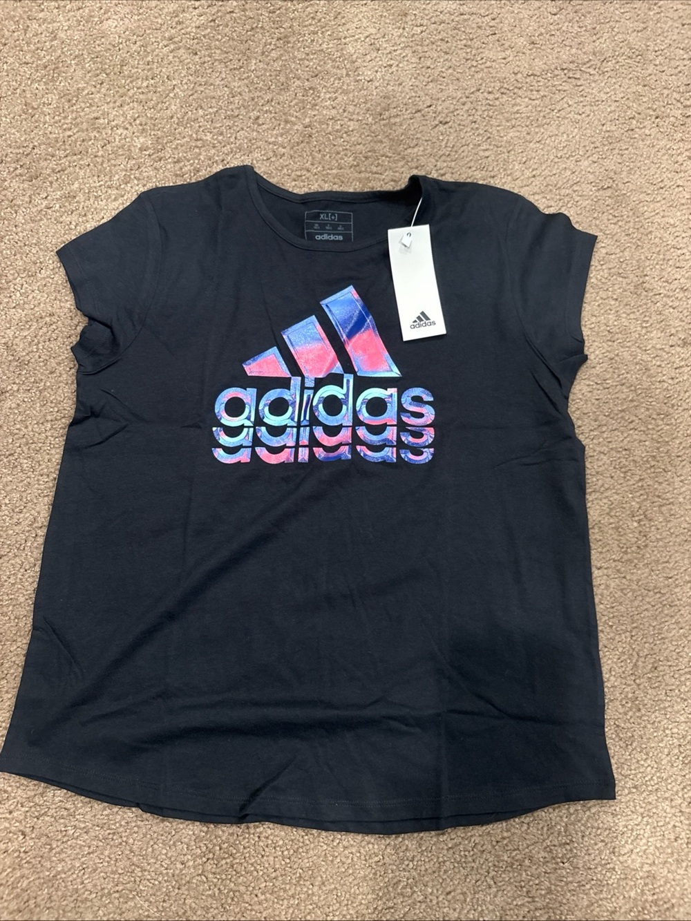 adidas big Kids size 16(XL) Black Logo Tee with Holographic Accent NWT